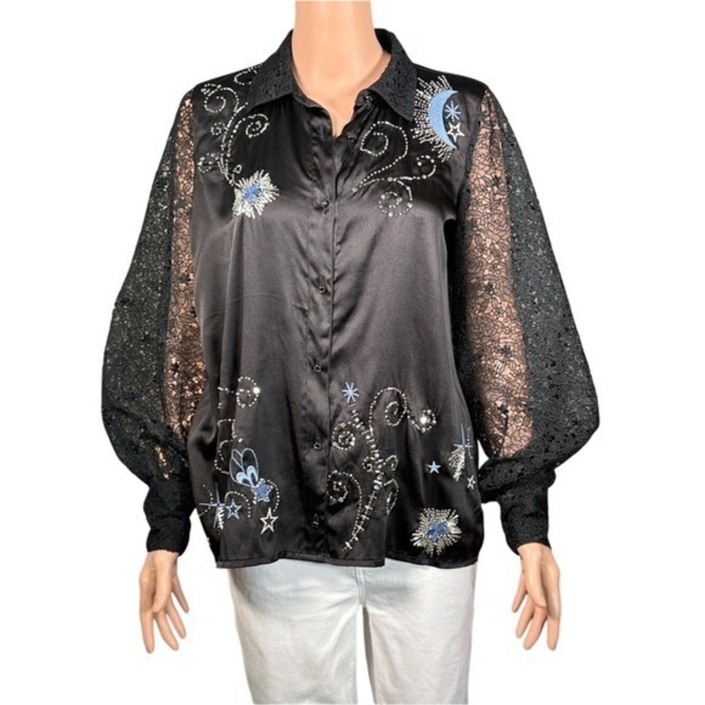 Johnny Was Vanti Embroidered Lace Shirt Black Silk Blend Celestial‎ C17225-0 New